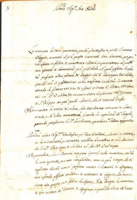 1791 febbraio 19, NapoliMonsignor Alberto Maria Capobianco, arcivescovo di Reggio Calabria e cappellano maggiore del Regno, scrive al canonico Domenico Giuseppe Barilla, vicario capitolare, rinnovandogli «le proprie premure» in merito alla ricostruzione del nuovo Collegio di Reggio CalabriaASDRCB, Monsignor Alberto M. Capobianco, Atti 1768 – 1796, b. 1, fasc. 2/bLe rinnovo le mie premure, perché si mettesse in piedi il nuovo Colleggio [sic], e vorrei al più presto terminati due cameroni, per poter essere in grado di ammettere cherici, e presentare al pubblico una forma di communità già stabilita. A’ qual effetto le farò passare altra somma di danajo da D. Giuseppe Moschella, perché ciò si effettuisca [sic] colla massima celerità[…]