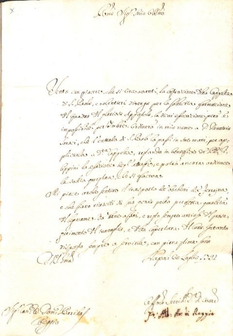 1791 luglio 30, NapoliMonsignor Alberto Maria Capobianco, arcivescovo di Reggio Calabria e cappellano maggiore del Regno, scrive al canonico Domenico Giuseppe Barilla, vicario capitolare, compiacendosi per le notizie che gli sono giunte in relazione alla prosecuzione dei lavori relativi alla ricostruzione della Cattedrale dopo i “tremuoti” del 1783 con particolare riferimento alla Cappella di S. Paolo e all’esecuzione del dipinto raffigurante l’Apostolo.ASDRCB, Monsignor Alberto M. Capobianco, Atti 1768 – 1796, b. 1, fasc. 2/bSento con piacere, che si tira avanti la costruzione della Cappella di S. Paolo, e [… ] per la sollecita formazione del quadro del glorioso Apostolo, la di cui esecuzione però è impossibile per settembre […] Mi piace anche sentire il trasporto de’ bordoni da Ferrajna, e che siano riusciti di suo genio pella perfetta qualità del legname. Va bene assai, e resto sempre ansioso del proseguimento del travaglio, e della copertura del Coro […]