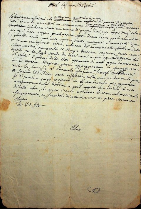 1791 luglio 30, NapoliMonsignor Alberto Maria Capobianco, arcivescovo di Reggio Calabria e cappellano maggiore del Regno, scrive al canonico Domenico Giuseppe Barilla, vicario capitolare, compiacendosi per le notizie che gli sono giunte in relazione alla prosecuzione dei lavori relativi alla ricostruzione della Cattedrale dopo i “tremuoti” del 1783 con particolare riferimento alla Cappella di S. Paolo e all’esecuzione del dipinto raffigurante l’Apostolo.ASDRCB, Monsignor Alberto M. Capobianco, Atti 1768 – 1796, b. 1, fasc. 2/bSento con piacere, che si tira avanti la costruzione della Cappella di S. Paolo, e [… ] per la sollecita formazione del quadro del glorioso Apostolo, la di cui esecuzione però è impossibile per settembre […] Mi piace anche sentire il trasporto de’ bordoni da Ferrajna, e che siano riusciti di suo genio pella perfetta qualità del legname. Va bene assai, e resto sempre ansioso del proseguimento del travaglio, e della copertura del Coro […]