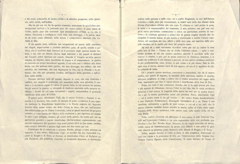 1943 luglio 5, Roma
Messaggio di monsignor Antonio Lanza al Clero e al popolo delle diocesi di Reggio Calabria e di Bova in vista del suo ingresso
ASDRCB, Monsignor Antonio Lanza, fondo in fase di riordino