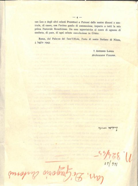 1943 luglio 5, Roma
Messaggio di monsignor Antonio Lanza al Clero e al popolo delle diocesi di Reggio Calabria e di Bova in vista del suo ingresso
ASDRCB, Monsignor Antonio Lanza, fondo in fase di riordino