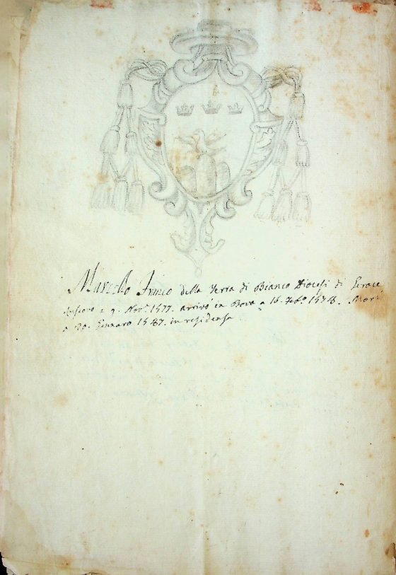 [XIX sec.]
Stemma di monsignor Marcello Franco, vescovo di Bova (1577 – 1586) corredato da brevi note biografiche
ASDRCB, Bova, Storia della Diocesi di Bova, b. 1, fasc. 5/a
Marcello Franco della Terra di Bianco Diocesi di Gerace Vescovo a 9 novembre 1577. Arrivò in Bova a 16 Febbraio 1578. Morì a 20 Gennaro 1587 in residenza