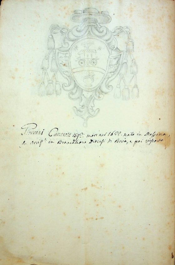 [XIX sec.]
Stemma di monsignor Giovanni Camerota, vescovo di Bova (1592 – 1622) corredato da brevi note biografiche  
ASDRCB, Bova, Storia della Diocesi di Bova, b. 1, fasc. 5/a        
Giovanni Camerota 1592: morì nel 1622. Nato in Messina, fu arciprete in Brancaleone Diocesi di Bova, e poi vescovo