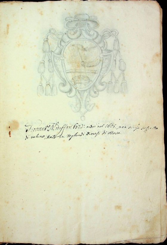 [XIX sec.]
Stemma di monsignor Nicola Maria Modaffari, vescovo di Bova (1622 – 1626) corredato da brevi note biografiche  
ASDRCB, Bova, Storia della Diocesi di Bova, b. 1, fasc. 5/a
Giovanni [sic, recte: Nicola Maria] Modaffari 1622: morì nel 1625 non senza sospetto di veleno, nato in Roghudi Diocesi di Bova