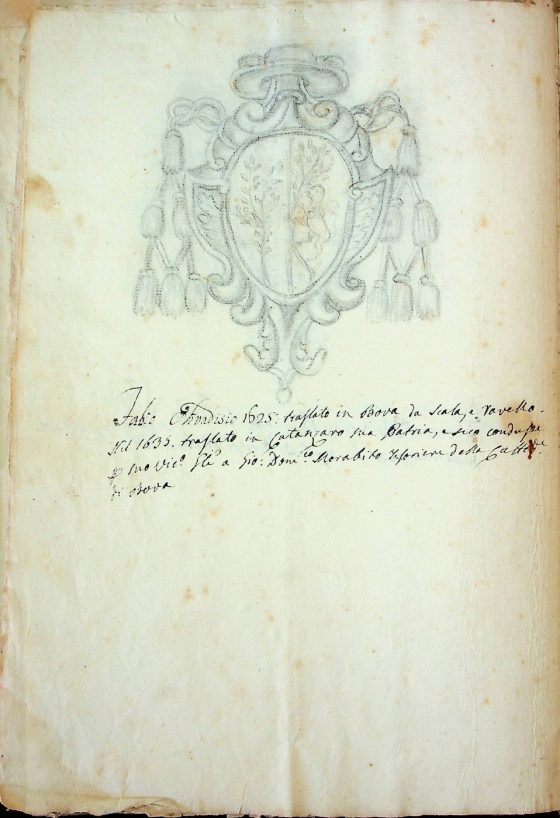 [XIX sec.]
Stemma di monsignor Fabio Olivadisio, vescovo di Bova (1627 – 1646) corredato da brevi note biografiche  
ASDRCB, Bova, Storia della Diocesi di Bova, b. 1, fasc. 5/a
Fabio Olivadisio 1625: traslato in Bova da Scala e Ravello. Nel 1635 traslato in Catanzaro sua Patria, e seco condusse per suo Vicario Generale a Giovan Domenico Morabito Tesoriere della Cattedrale di Bova