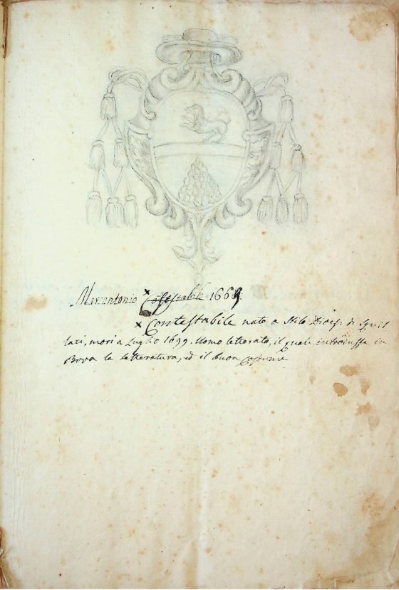 [XIX sec.]
Stemma di monsignor Bova Marcantonio Contestabile, vescovo di Bova (1669 – 1699) corredato da brevi note biografiche  
ASDRCB, Bova, Storia della Diocesi di Bova, b. 1, fasc. 5/a
Marcantonio Contestabile 1669: nato a Stilo Diocesi di Squillaci, morì a luglio 1699. Uomo letterato, il quale introdusse in Bova la letteratura, ed il buon costume