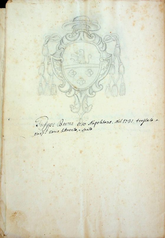 [XIX sec.]
Stemma di monsignor Giuseppe Barone, vescovo di Bova (1729 – 1731) corredato da brevi note biografiche  
ASDRCB, Bova, Storia della Diocesi di Bova, b. 1, fasc. 5/a
Giuseppe Barone 1730 Napolitano. Nel 1731 traslato a Marsi.  Uomo letterato e santo