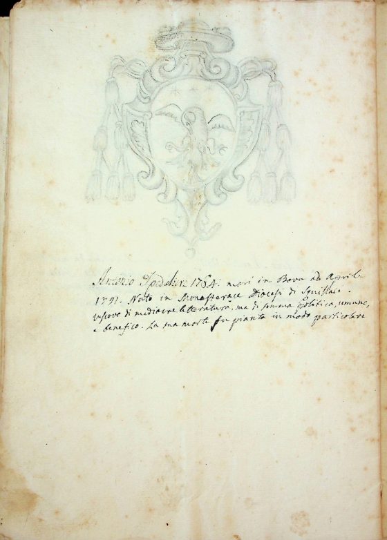 [XIX sec.]
Stemma di monsignor Antonio Spedalieri, vescovo di Bova (1764 – 1791) corredato da brevi note biografiche  
ASDRCB, Bova, Storia della Diocesi di Bova, b. 1, fasc. 5/a
Antonio Spedaliere [sic] 1764: morì in Bova ad aprile 1791. Nato in Monasterace Diocesi di Squillaci. Vescovo di mediocre letteratura, ma di somma politica, umano e benefico. La sua morte fu pianta in modo particolare